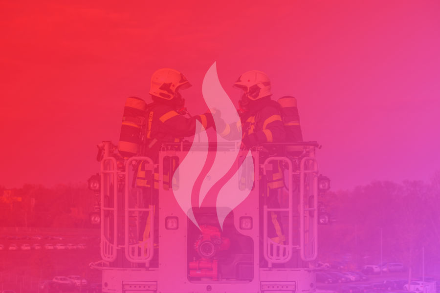 Two fireman shaking hands with gradient overlay of icon of Feuerwehr Vilseck